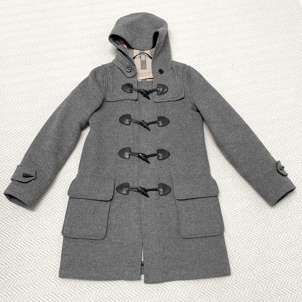 BURBERRY Grey Wool Check-Lined Hooded Duffle Coat With Toggles